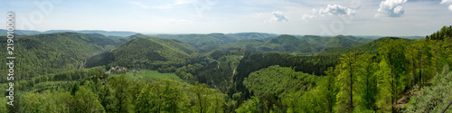 Panorma of middle range mountain in Vosges north east France. Alsace region of north east France. Landscape full of mountains, flowers, trees ,sun, villages and forests.