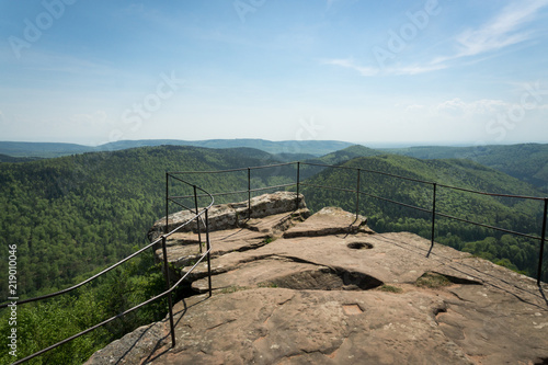 Panorma of middle range mountain in Vosges north east France. Alsace region of north east France. Landscape full of mountains, flowers, trees ,sun, villages and forests.
