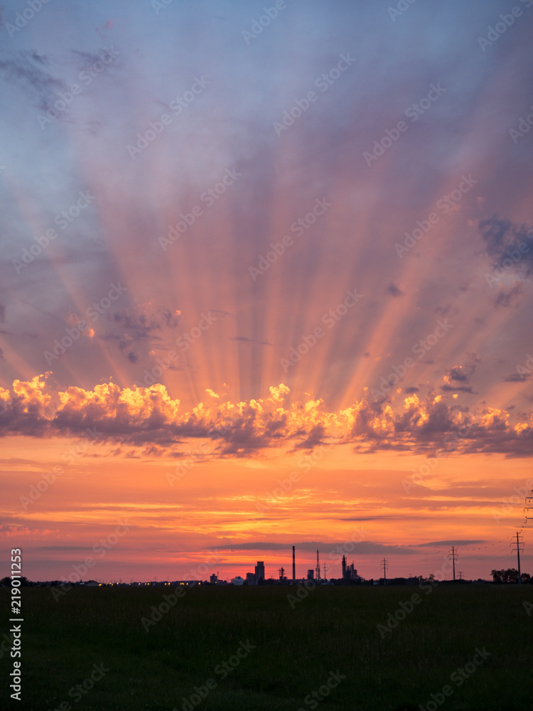 Fototapeta premium Red clouds sunset sky with sun rays and petrochemical plant in the background 