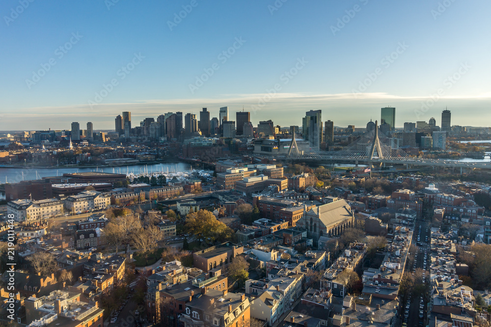Aerial view of the buildings in downtown Boston Massachusetts USA and the skyline at sunset.