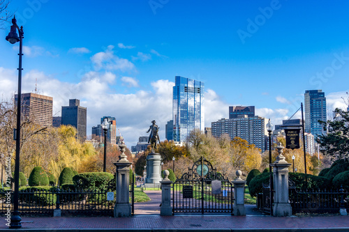 George Washington Statue in Boston Public Garden with the Boston skyline in background