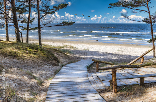 Fototapeta Naklejka Na Ścianę i Meble -  Scenic view  and resting wooden spot near a sandy beach of the Baltic Sea