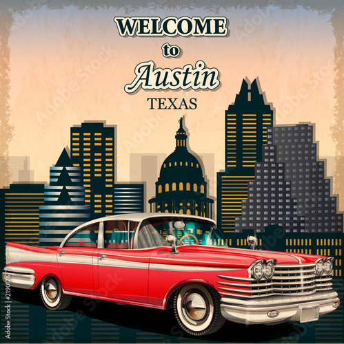 Welcome to Austin retro poster.Печать