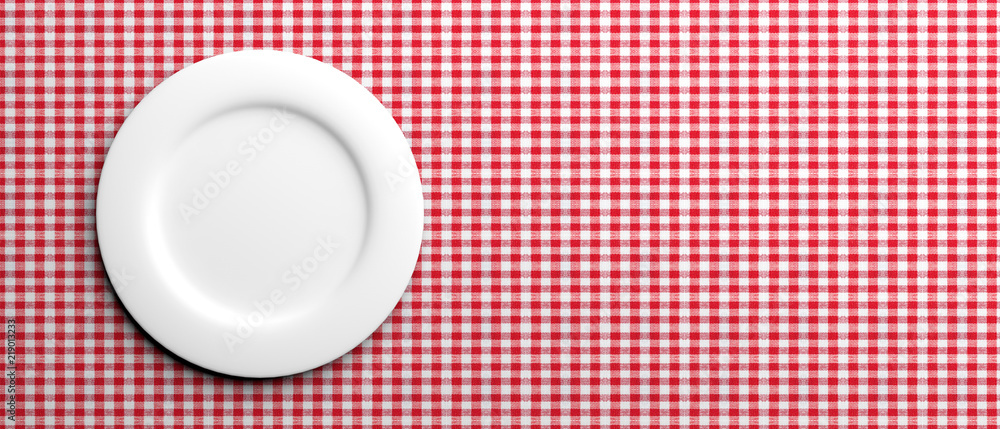 Empty white plate on red checkered tablecloth, banner, copy space. 3d illustration Empty white plate on red checkered tablecloth, banner, copy space. 3d illustration