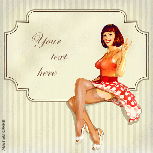 Sexy pin-up girl with vintage frame and place for text