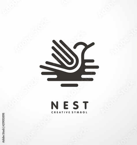 Nest symbol line art illustration with cute bird. Creative logo design concept