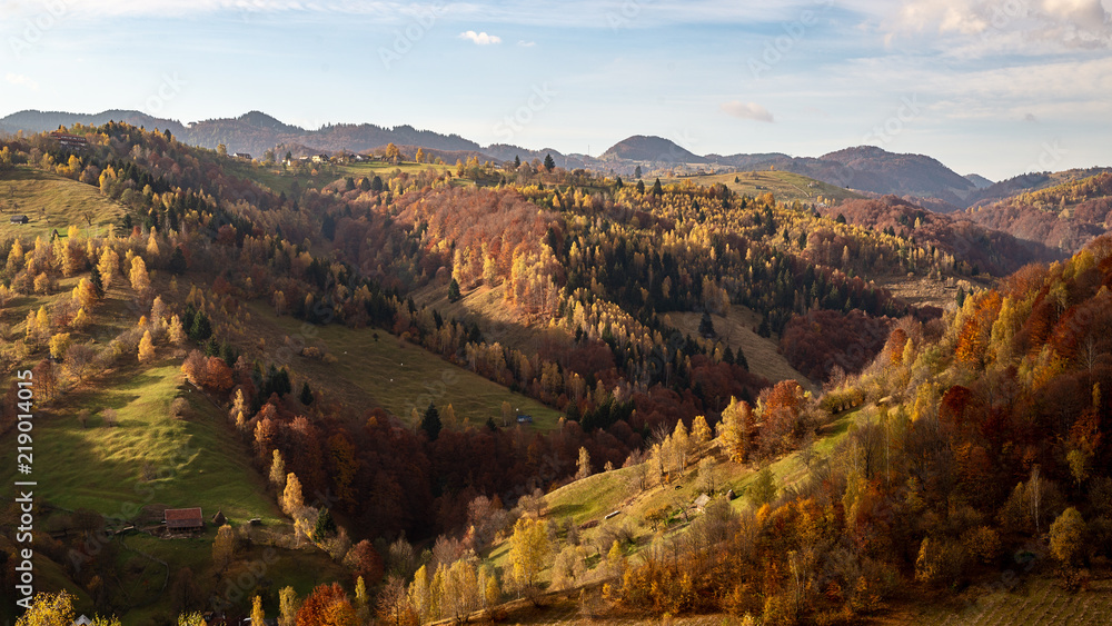 Colorful autumn landscape in the mountain village