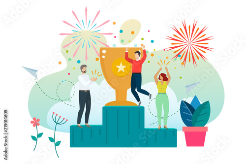 Successful man celebrating success. Man wins a prize and accepts congratulations standing on the podium. Vector