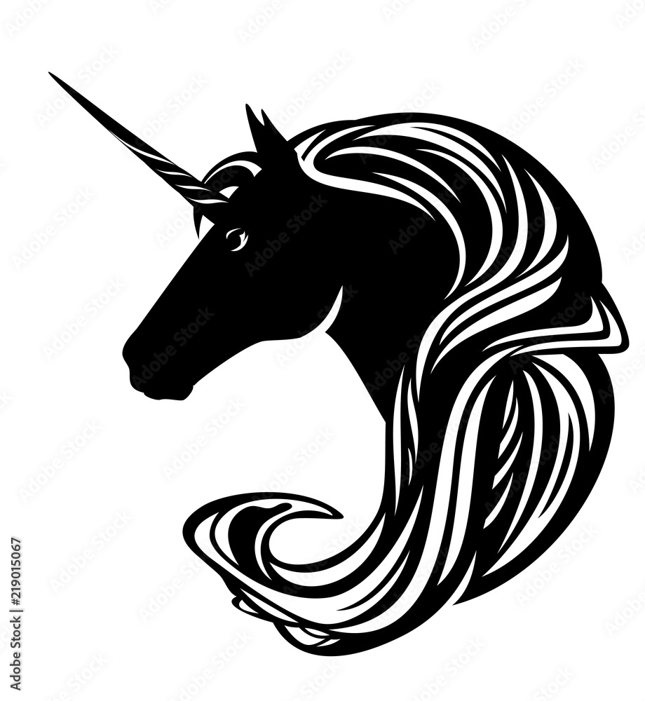 Fototapeta piękny koń jednorożca z długą grzywą czarno-biały wzór wektora