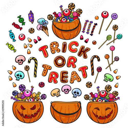 Big set of cartoon Halloween pumpkins, candies and sweets. Trick or Treat. Vector.