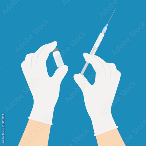 Medical preparations for cosmetic and medical procedures. Hands in medical gloves hold syringe and ampoule. Vector