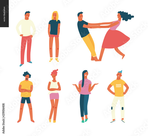 Bright people portraits set - young men and women - set of various posing people in fashion colors - standing with arms akimbo, crossed arms, whirling couple holding their hands, concept characters