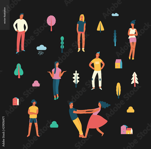 Bright people portraits pattern - young men and women - set of various posing people in fashion colors -standing with arms akimbo, crossed arms, whirling couple holding their hands, concept characters