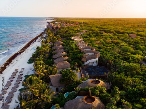 Aerial view of Tulum beach at sunset, Mexico photo