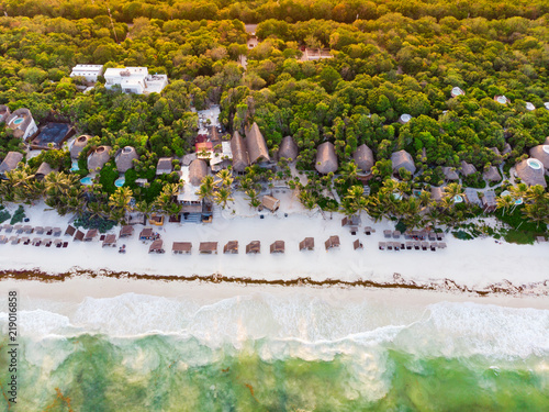 Aerial view of Tulum beach at sunset, Mexico