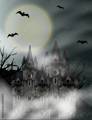 Halloween vertical background with gothic castle in fog and full moon. Fantasy night view. Vector