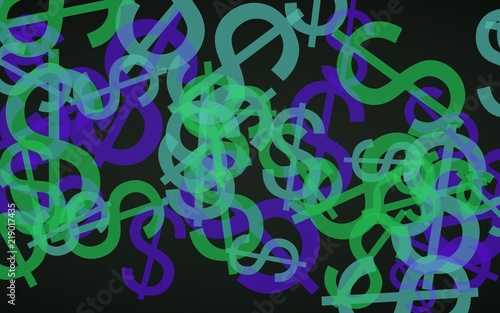 Multicolored translucent dollar signs on dark background. Green tones. 3D illustration