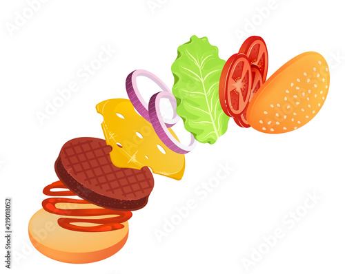 Hamburger with lettuce, onion, cheese, tomato and meat. Flying ingredients of burger.