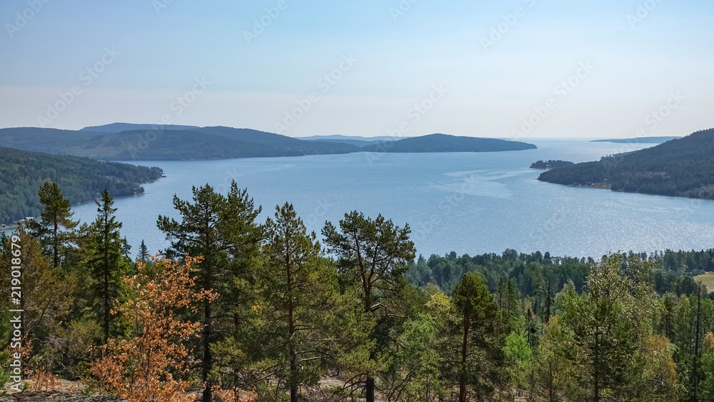 Beautiful view of archipelago, mountains, forest and sea. Skule mountain, high coast in northern Sweden.