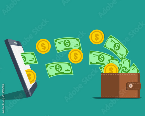 Mobile payment concept. Mobile phone with relocating money in wallet into phone. Vector illustration.
