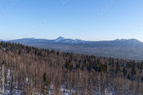 natural landscape. winter season. winter forest, mountains, against the blue sky. clear winter day. © gerasimov174