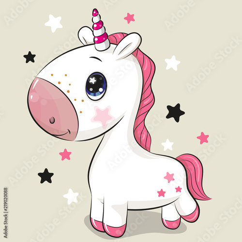Fototapeta Jednorożec kreskówka na białym tle na beżowym tle