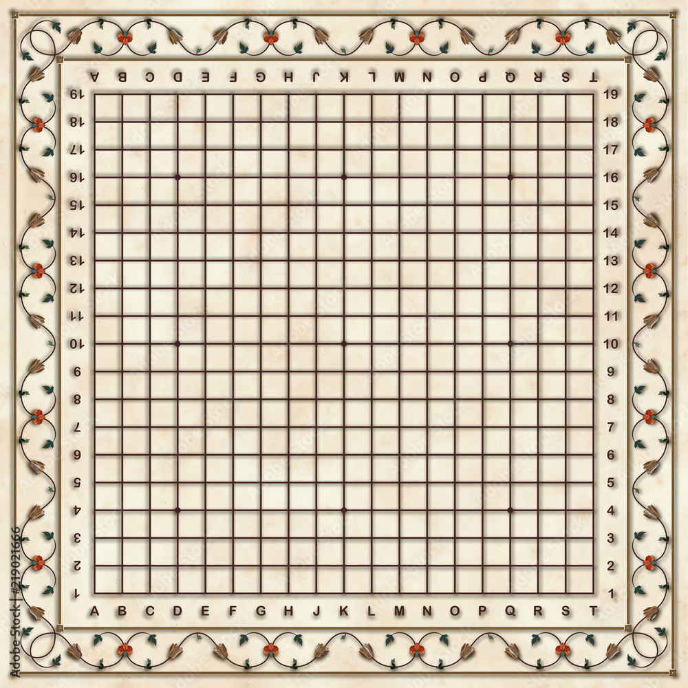 Goban (board for playing go game) - size 19x19 with floral ornement frame above polished surface of yellow marble Goban (board for playing go game) - size 19x19 with floral ornement frame above polished surface of yellow marble