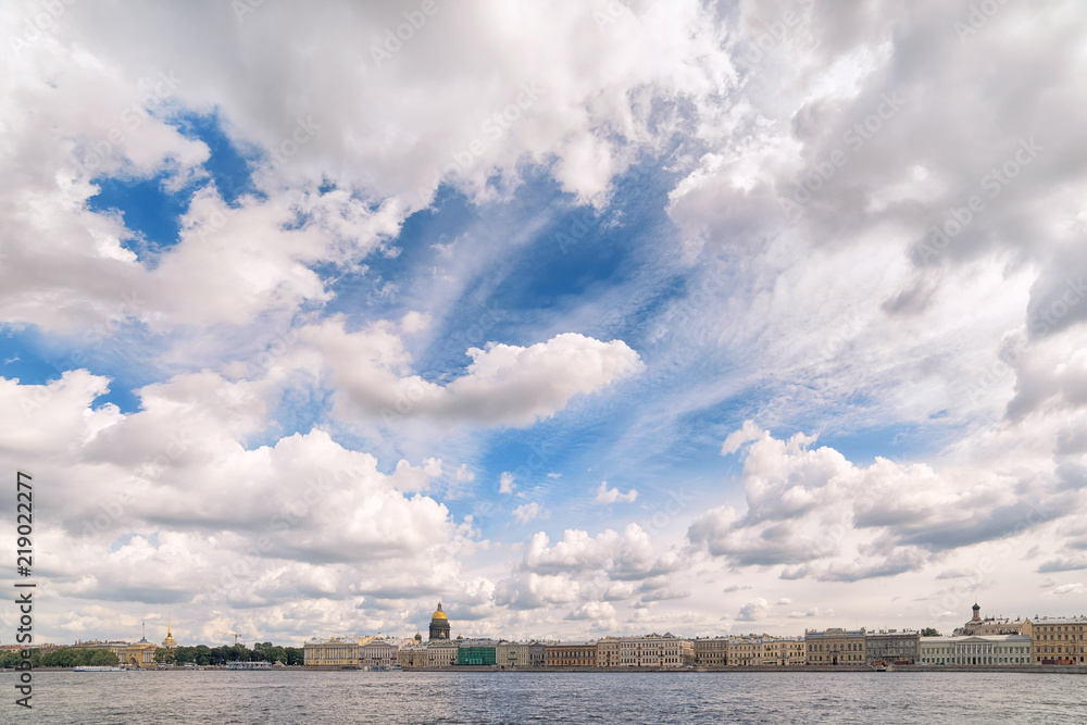 Panoramic wide angle view of Neva river in Saint Petersburg, Russia
