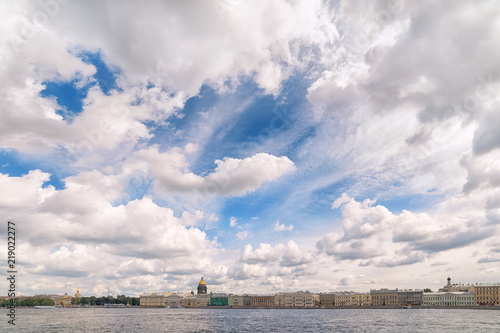 Panoramic wide angle view of Neva river in Saint Petersburg  Russia