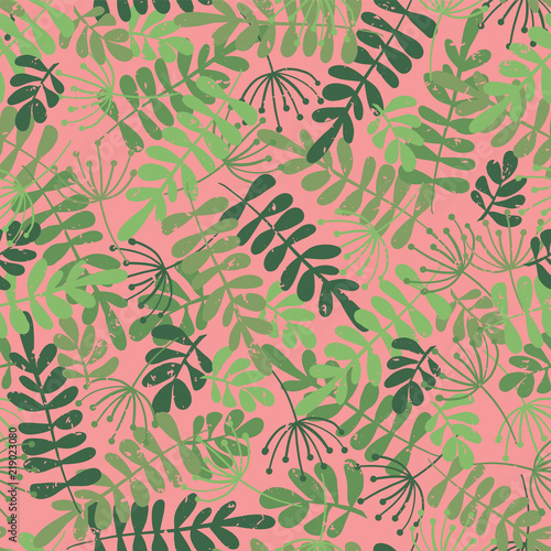 Green leaf silhouettes on pink. Vector seamless pattern. Jungle leaves background. Distressed style. Foilage ash, Robinia. For fabric, paper, wallpaper, web banner, invitation, gift wrap, girl, women.