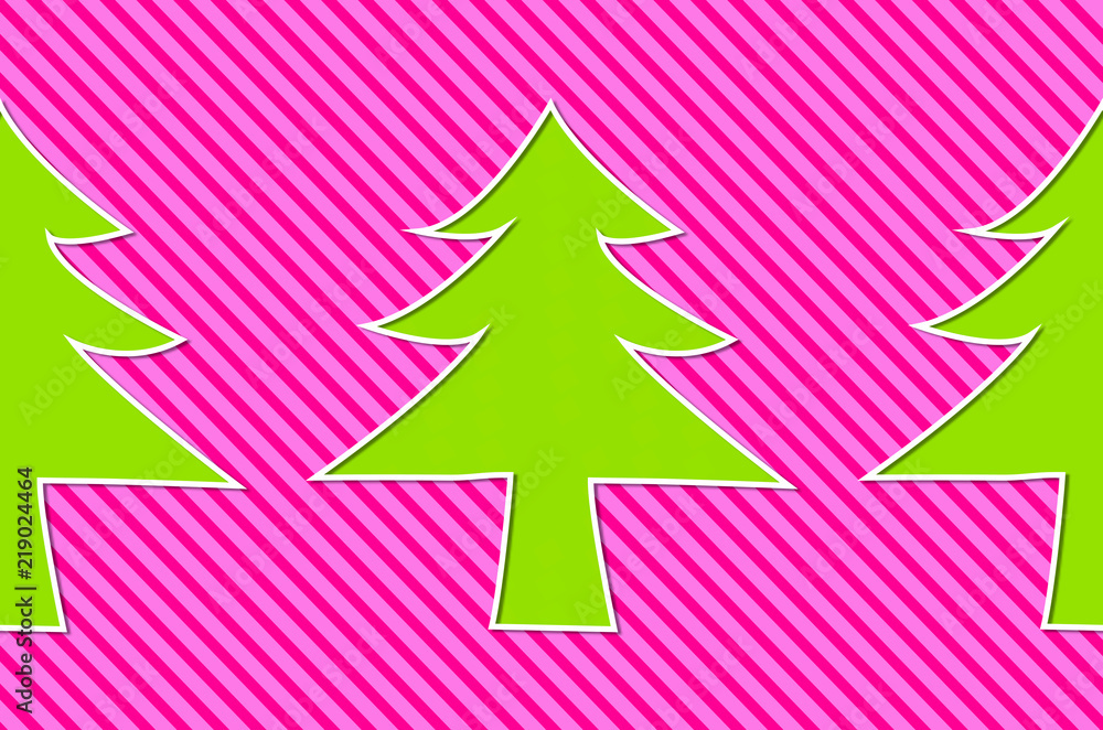 Obraz premium green 3dchristmas trees on pink striped background