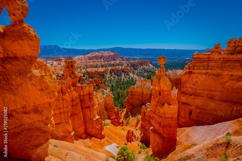 Great spires carved away by erosion in Bryce Canyon National Park, Utah, USA. The largest spire is called Thor's Hammer.