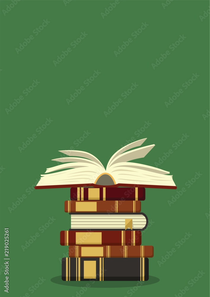 Fototapeta premium Old books stack with open book on green background. Education vector illustration with place for your text.