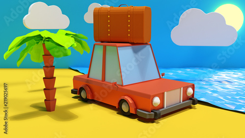 3D render Illustration. Travel concept, cartoon car with suitcase on the saside. photo