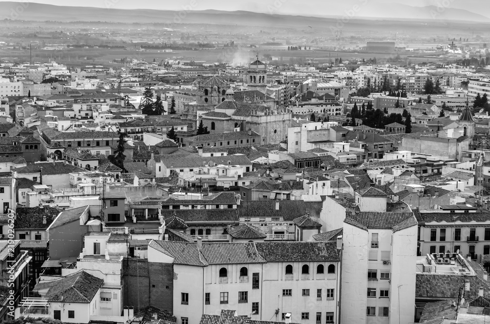 Cityscape of Granada, Spain, black and white image