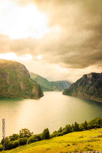 View of the fjords and Aurland valley in Norway