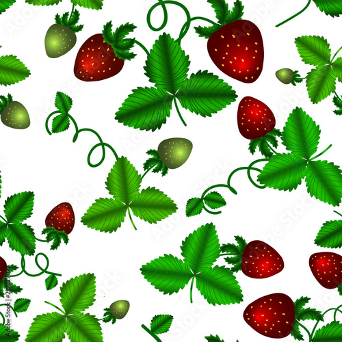 Strawberry seamless pattern with red berries and green leaves on white background