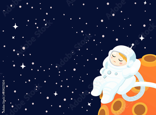 Astronaut floating in the background of an Outer Space and some Planet. Vector illustration.