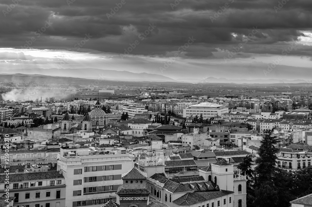 Cityscape of Granada, Spain, black and white image