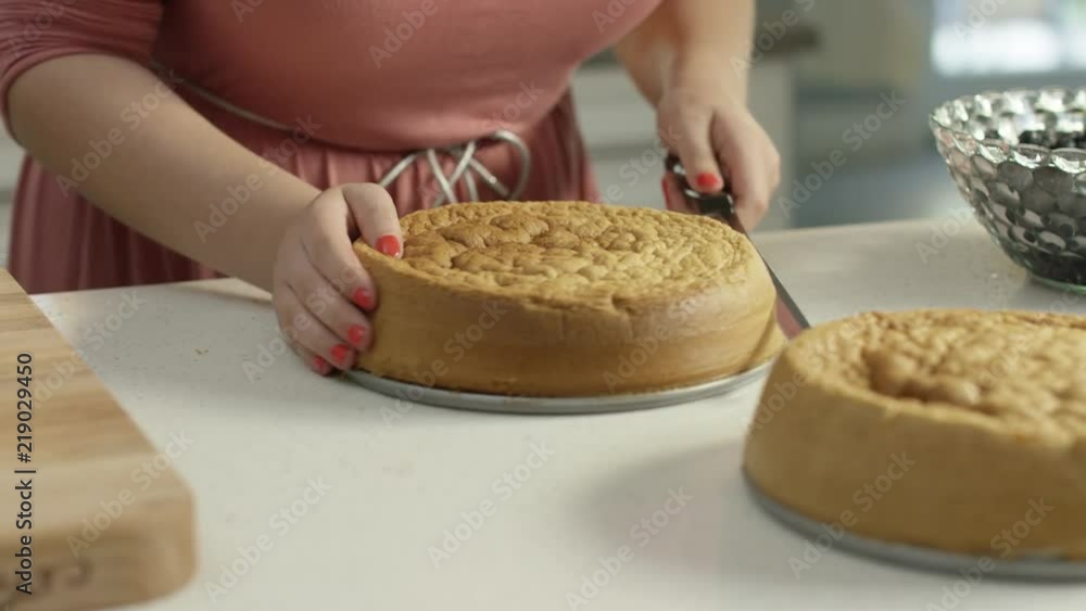 Woman Slicing Layers into Cake Woman Slicing Layers into Cake