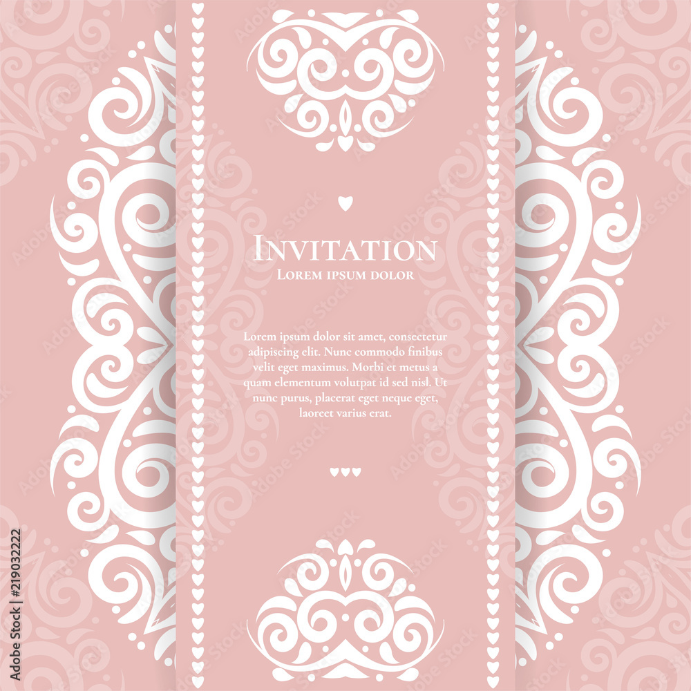 Pink and white vintage greeting card. Luxury vector ornament template. Great for invitation, flyer, menu, brochure, postcard, background, wallpaper, decoration, packaging or any desired idea