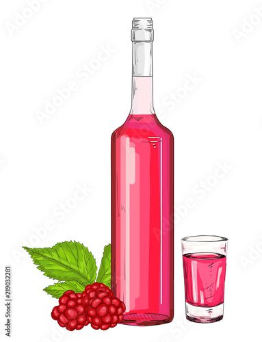 Glass bottle and shot with raspberry liqueur vector illustration. Raspberry syrup on a white background