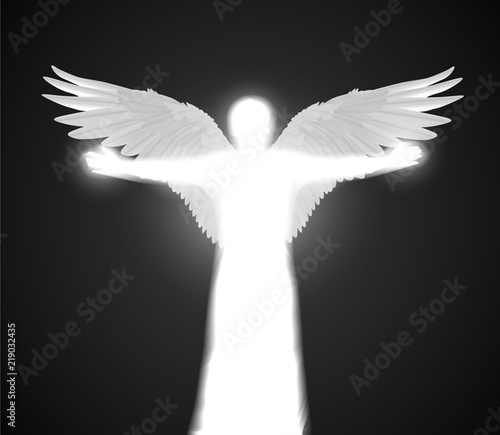 Vector white shining angel figure with wings and spread hands on dark background