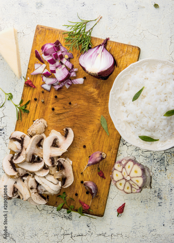 Risotto with champignons, ingredients. Risotto with champignons, ingredients.
