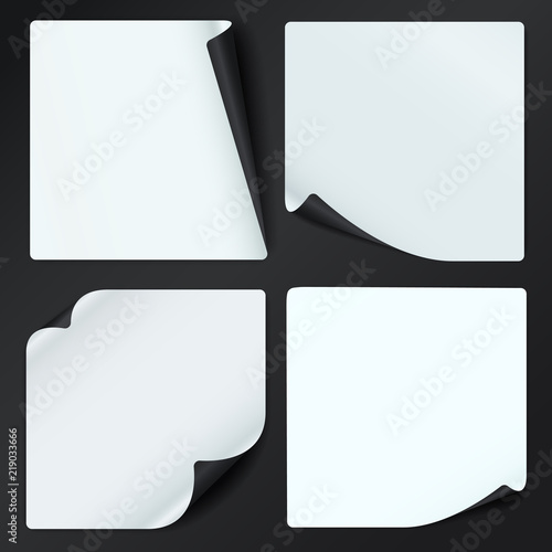 Set of white, black note notebook paper with curled corners for text or advertising message