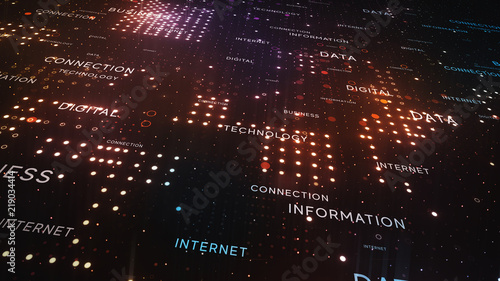 Digital structure of many glowing particles. Abstract technology concept. Creative background. Luminous bright geometric and information elements. Composition with lots of shining dots. 3d rendering