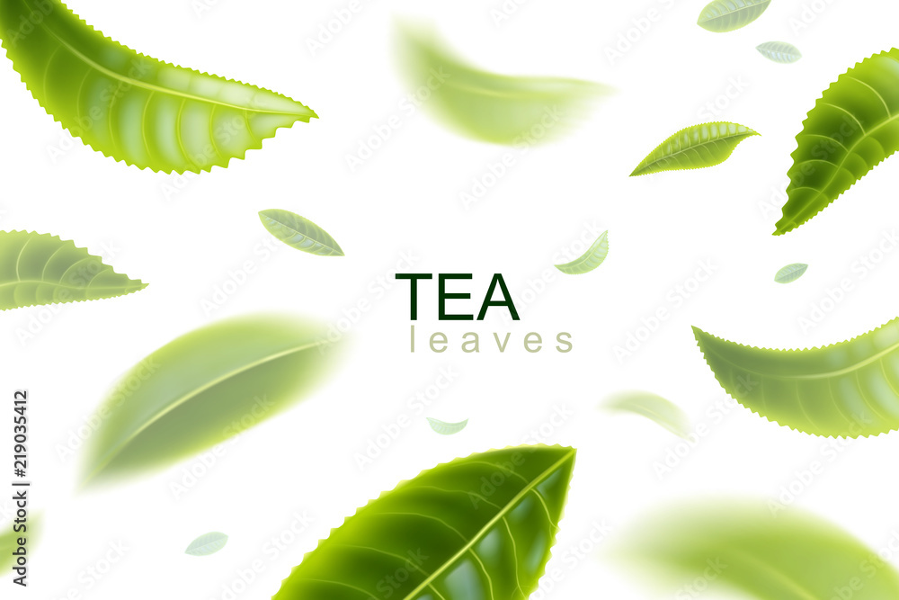 Green tea. Tea leaves whirl in the air. Tea leaves in motion on a white ...