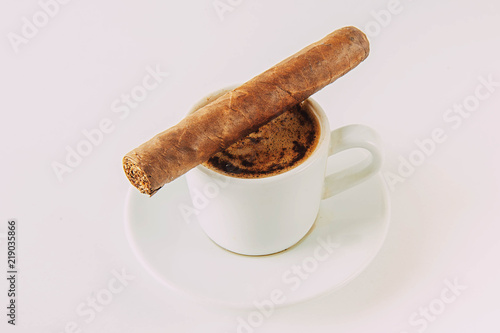 Canvas Print Cup and Turk coffee, cigar and guillotine isolated on white background