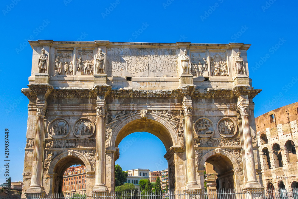View on the Arch of Constatine in Rome, Italy on a sunny day.