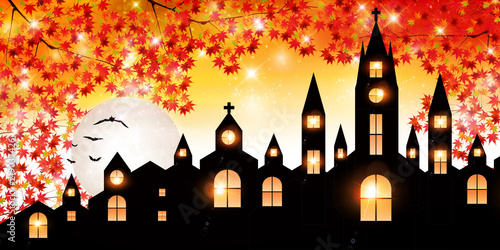 ハロウィン　秋　城　背景